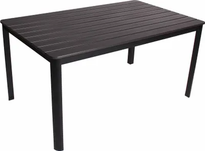 A dark gray rectangular table with a slatted top and four black legs, shown from a slightly elevated front-left angle against a white background.