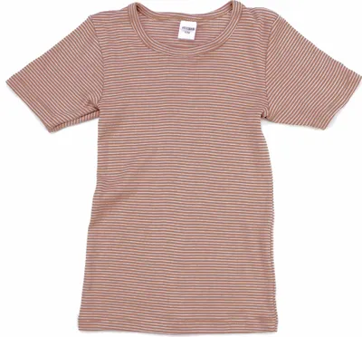 Produktbild von HERMKO Kinder Thermo-Shirt Kurzarm - Angerautes Unterhemd mit Rundhals-Ausschnitt aus 67% Baumwolle und 33% Polyester für optimalen Kälteschutz 2681005, Größe:92, Farbe:Beige Ringel