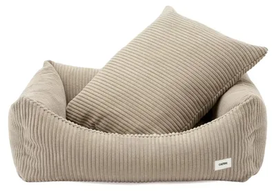 Produktbild von Snozy Hundebett aus beigefarbenem Cord – Größe S (56 x 50 x 18 cm) – weiches Hundebett für Hunde, bequem & gemütlich