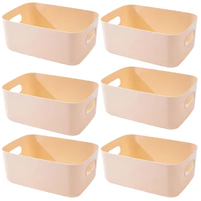 Image de Lot de 6 boîtes de rangement beiges, paniers en plastique avec poignées, 20 × 14,7 × 7 cm, organiseurs de salle de bain, boîtes de rangement pour placards de cuisine, paniers de rangement, boîtes en plastique