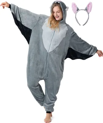 Produktbild von Flauschiges Fledermaus-Kostüm für Erwachsene mit Haarreif | Halloween Kostüm Onesie für Damen, Herren | Körpergröße 170-180cm