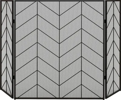Zdjęcie produktu dla HOMCOM Spark Guard, 3-częściowy składany ekran przeciwpożarowy, osłona przeciwiskrowa do kominka, osłona kominka, osłona pieca, ekran kominkowy, siatka dekoracyjna, stal, 135 x 85 cm, kolor czarny