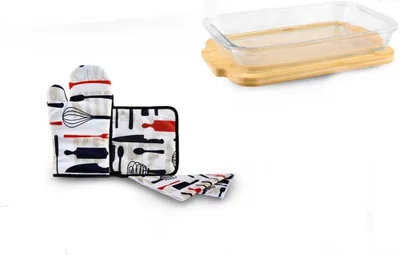 Produktbild von 5 tlg. Auflaufform Backform Glasform Ofenhandschuhe Geschirrtücher Topflappen