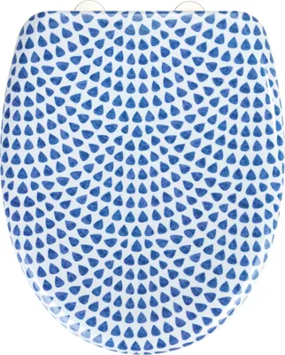 A toilet seat with a blue and white pattern.