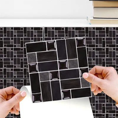 Produktbild von WALPLUS 24 PCS Hitzebeständige Fliesenaufkleber Küche 15x15cm Glänzend Schwarz Porzellan Mosaik Wandfliese Aufkleber Wasserdicht Klebefliesen Innenraum Abziehbilder