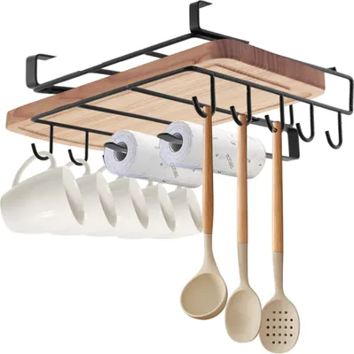 Image de Support de planche à découper en métal avec crochets Support de planche à découper suspendu Cuisine Organizer Rack Noir