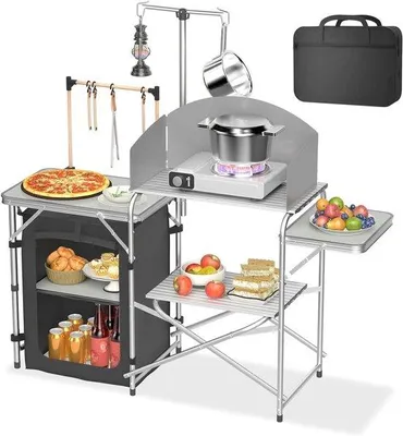 Zdjęcie produktu dla Kuchnia kempingowa - Outdoor Szafa - Kuchnia plenerowa - Wliczone w cenę szyba wiatrowa - 146 x 46 x 141 cm - Srebro