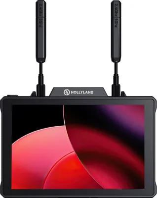 A product shot of a Hollyland Pyro 7 monitor with antennas extended.