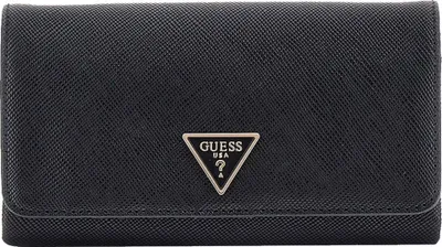 A black Guess clutch bag is shown front-on against a white background.