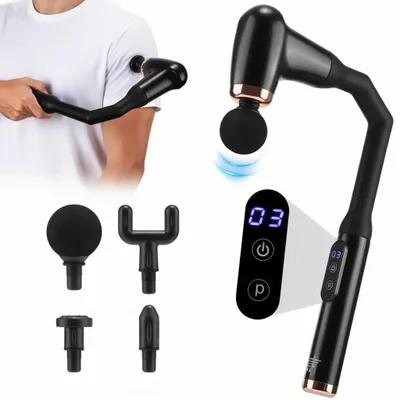 Produktbild von Massagepistole - Tiefengewebe-Massagegerät - 6 Geschwindigkeitsstufen - 4 Massageköpfe - LCD-Display - Langer Griff - Batteriebetrieben - Schwarz
