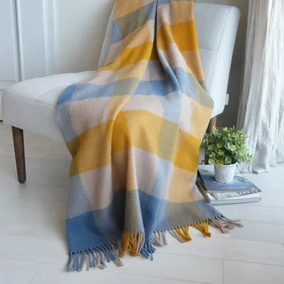 Wolldecke 130x170 cm Karomuster Beige Creme Gelb Blau