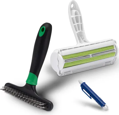 Produktbild von FinoPet 3er Entfilzungs-Set Entfilzungsstriegel als Hundebürste/Katzenbürste, XL Fusselrolle und Zeckenzange, Entfilzungshaken für alle Tiergrößen