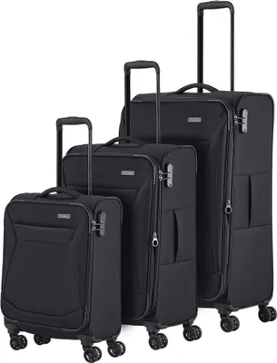 Three black suitcases of different sizes are displayed side-by-side against a white background.