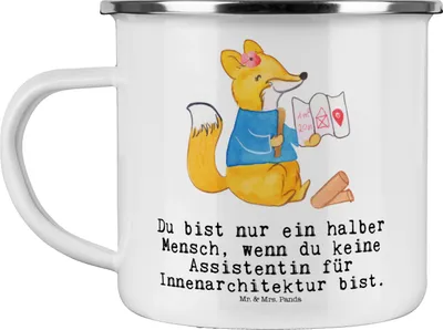Produktbild von Mr. & Mrs. Panda Emaille Tasse Assistentin für Innenarchitektur Herz - Weiß - Geschenk, Becher, Danke, Pott, emaillebecher, Haferl, Teetasse