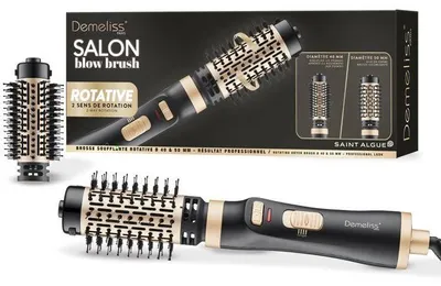 Produktbild von Rotierender Föhn-Bürste - SAINT ALGUE - Demeliss Salon - 1000 W - 2 Aufsätze - 3 Temperaturstufen - Schwarz / Gold