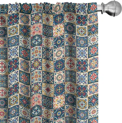 Immagine prodotto di ABAKUHAUS Tende marocchine, tende, azulejo portoghese Checkered Squares motivo colorato composizione floreale, 2 pezzi 75 x 225 cm, blu scuro giallo rosso