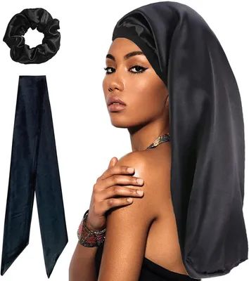 Produktbild von Silk Bonnet Wrap, Satin Schlafhaube, Set von 3, Für Frauen und Mädchen mit lockigem Haar, Schwarz