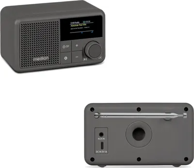 A top and bottom view of a gray MEDION DAB+ radio.