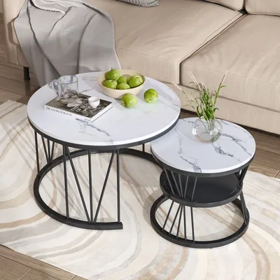 CDGlobal Couchtisch 2er Set Satztisch Runder Beistelltisch mit Marmormuster, Kaffeetisch Wohnzimmertisch Industrial Sofatisch, 1,5 cm Platte, Weiß