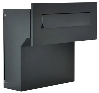 A dark gray mailbox with its flap open, shown from a diagonal angle against a white background.
