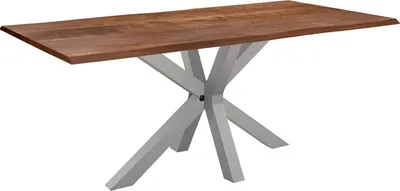 Produktbild von Baumkantentisch 220 x 100 cm Spyro, Akazienholz nussbaumfarben & massiv, Esszimmertisch mit silbernem Spider-Metallgestell, Platte 26 mm