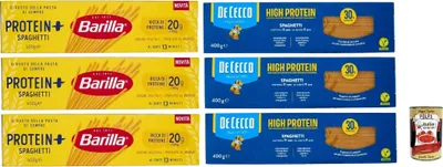 Produktbild von Pasta High protein Testpaket, De Cecco und Barilla Spaghetti, Italienische Hartweizennudeln, 6 Packungen à 400g, Pasta aus 100% italienischem Hartweizen, + Italian Gourmet polpa 400g