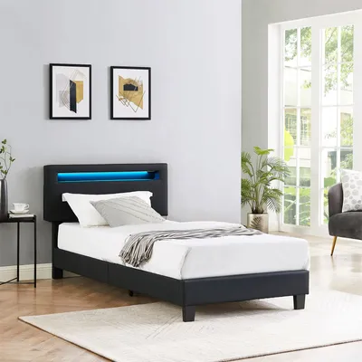 Produktbild von Polsterbett BENITO 90x200 cm mit LED Beleuchtung, modernes Einzelbett mit verstellbarem Kopfteil, Jugendbett mit Bezug aus Kunstleder in schwarz