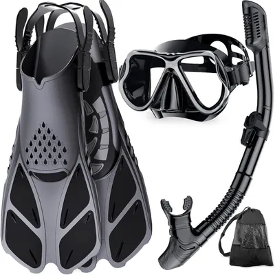 Productafbeelding van Snorkelset voor volwassenen, duikbril volledig zwart, siliconen, maat L-XL