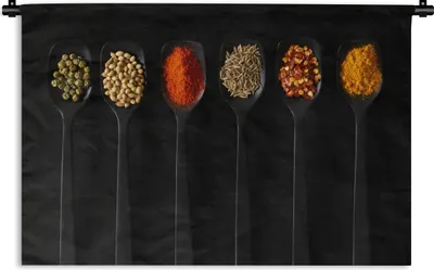 Produktbild von MuchoWow® Wandteppich Wandbehang Löffel - Gewürze - Schwarz - Gewürze - Rustikal 90x60 cm Tapisserie Dekoration Wandtuch - Wandskulpturen - Bildteppich