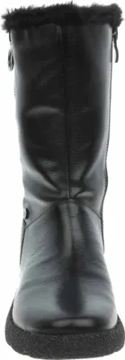 A front-facing view of a black winter boot.