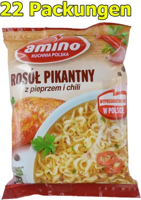Produktbild von Amino Polnische Instant Nudelsuppe mit Hühnerfleischgeschmack und Chili 22er Pack (22 x 58g)