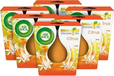 Produktbild von Air Wick Wohlfühl-Duftkerze im Glas – Duft: Citrus – Enthält natürliche ätherische Öle – 6 x 105 g Duftkerzenset