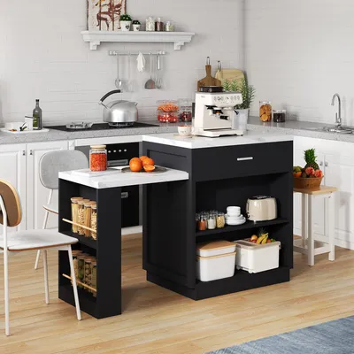 Image de MODFU Îlot de Cuisine avec Table Intégrée et Rangement - Meuble Extensible avec Prise Électrique, Design Bicolore - MDF Noir, 211x55x89,5 cm