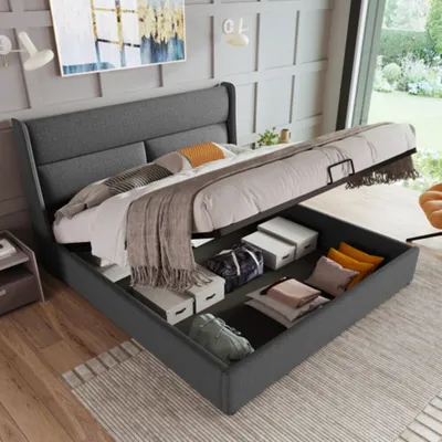 Produktbild von Polsterbett Doppelbett mit Verstellbare Kopfstützen,Stauraumbetten Bettgestell aus Leinenmaterial Jugendbett 140x200 mit lattenrost