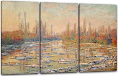 Produktbild von Leinwandbild 3-teilig (120x80cm): Claude Monet - Eisgang auf der Seine, echter Holz-Keilrahmen inkl. Aufhänger, handgefertigt in Deutschland