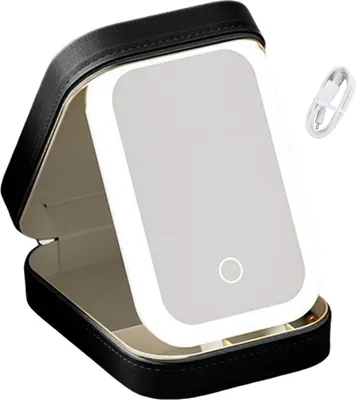 Produktbild von Reise-Make-up-Tasche mit LED-Spiegel, wiederaufladbar über USB, 3 Farben, verstellbar, beleuchteter Kosmetikspiegel, tragbarer Mini-Reisespiegel, Kosmetiketui, Schmuck-Organizer-Box
