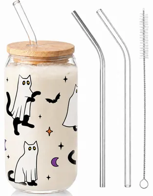 Produktbild von Trinkglas mit Deckel und Strohhalm - Motiv Geist und Katze - Halloween-Design