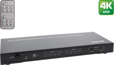 Produktbild von InLine HDMI Matrix Switch / Umschalter, 4K2K, 4 Eingänge auf 2 Ausgänge, HDMI, Schwarz, 1080p, 3,4 Gbit/s, 340 MHz, 10 m