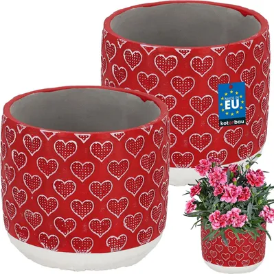 Zdjęcie produktu dla KOTARBAU® Zestaw 2 doniczek na kwiaty Sadzarka ⌀ 13 cm H: 12 cm Sadzarka ceramiczna Czerwona Biała Doniczka na orchideę Wzór serca Przedmiot dekoracyjny Duży Zewnętrzny