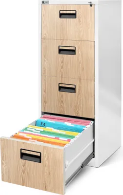 Produktbild von Jan Nowak, Registraturschrank, Stahlblech, Weiß-Holzoptik, 132 cm x 46 cm x 62 cm (H x B x T), 4 Schubladen, abschließbar, Pulverbeschichtung, V004A