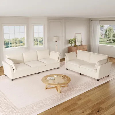 Produktbild von MODFU Modulares Big Sofa,5-Sitzer Ecksofas,Sitzgruppe mit Dreisitzer und Zweisitzer,Armlehnen mit 2 Kissen,Wohnzimmer-Sofakombination,Chenille,Beige