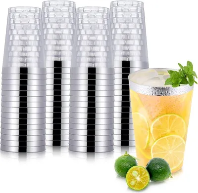 Obrázok produktu pre Hejo 60 ks plastových pohárov 360 ml so strieborným okrajom - opakovane použiteľné poháre na pitie