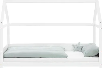 Produktbild von Homestyle4u Kinderbett 90x200 mit Rausfallschutz Weiß mit Matratze mit ® Standard 100 Hausbett Bodenbett