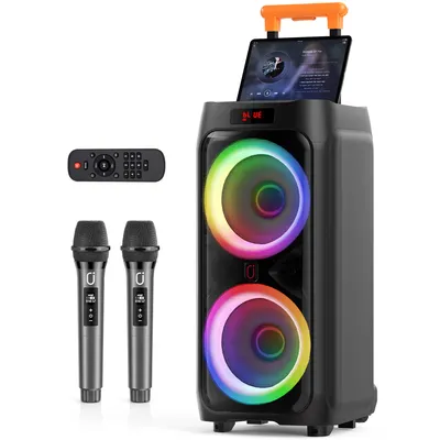 A party speaker with microphones and a remote control, displayed on a white background.