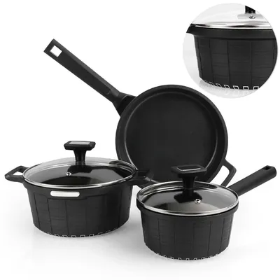 Image de Ensemble de casseroles et poêles, 5 pièces, noir, antiadhésif, compatible induction : casserole de 16 cm / 1,5 L, faitout de 20 cm / 2,5 L, poêle de 24 cm