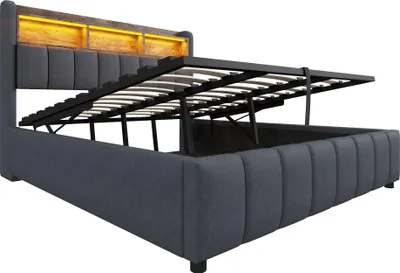Produktbild von okwish Polsterbett 180×200 Doppelbett mit LED-Beleuchtung,Jugendbett mit USB-Anschluss,mit Kopfteil-Ablageflächen und Bettkasten,Grau (ohne Matratze)