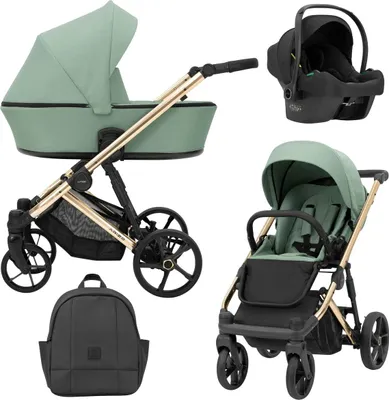 Image de Poussette Kunert Arizo Premium 3en1 verte avec châssis doré, nacelle et siège sport