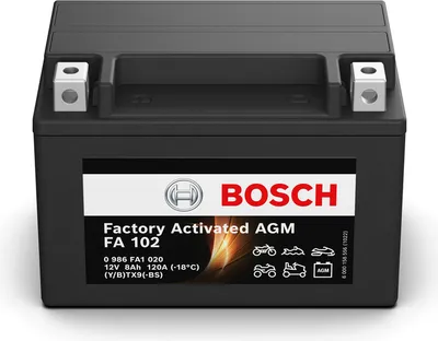 Produktbild von Bosch FA102 - AGM-Motorradbatterie - 12V 120A 8Ah - Geeignet für Motorräder, Motorräder, Enduros, Roller, Quads, Jetskis - Kompatibel M6010, BTX9-BS, BTX9