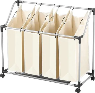 Produktbild von Famanu Wäschekorb mit 4 Fächern - mit Handgriffen und Rollen - Wäschesortierer mit abnehmbaren Taschen - 96 x 39 x 82 cm