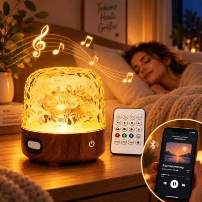 Produktbild von LED Tischlampe mit Wasserwelleneffekt und Bluetooth-Lautsprecher, 16 Farben, Touch, Fernbedienung, Akku, Walnussoptik